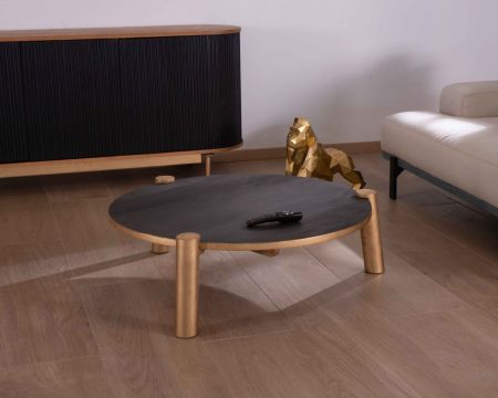 Table basse ronde en bois massif noir et doré "Pop Vintage" diam. 90cm