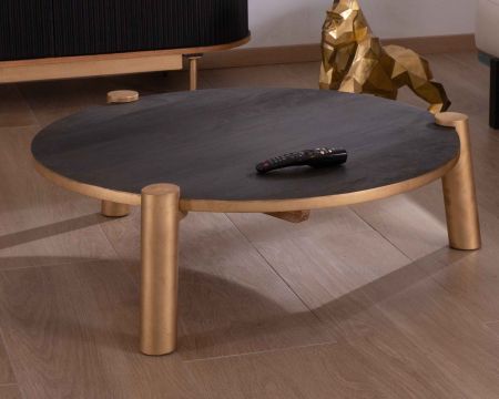 Table basse ronde en bois massif noir et doré "Pop Vintage" diam. 90cm