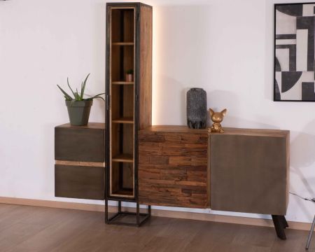 Vitrine buffet design "Mezzo" 3 portes 2 tiroirs bois métal et ciment