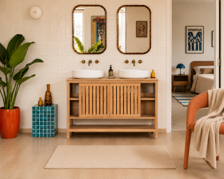 Meuble sous vasque 120 cm "Bulle" en manguier teinte chêne clair