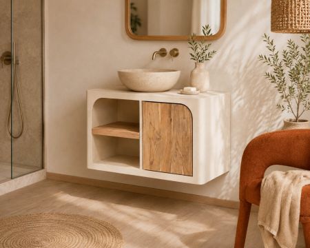 Meuble sous vasque 90 cm à suspendre "Miona" design organique aspect béton sablé