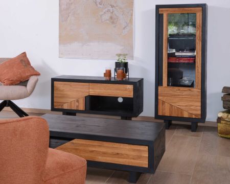 Meuble TV design bois massif noir et naturel "Flix" 119 cm