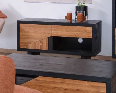 Meuble TV design bois massif noir et naturel "Flix" 119 cm
