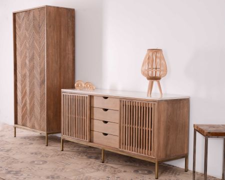 Buffet scandinave en bois et quartz blanc 2 portes 4 tiroirs "Léna"