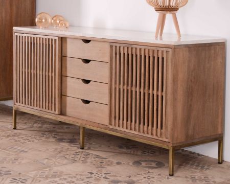Buffet scandinave en bois et quartz blanc 2 portes 4 tiroirs "Léna"