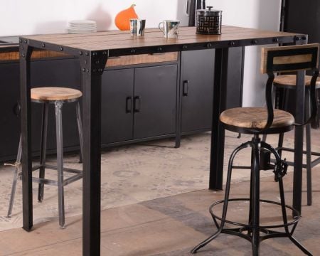 Table à dîner haute industrielle métal et bois massif 150cm "Atelier"