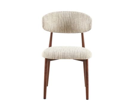 Lot de 2 chaises de repas rétro en tissu tramé beige et marron "Arpège" pieds métal aspect noyer