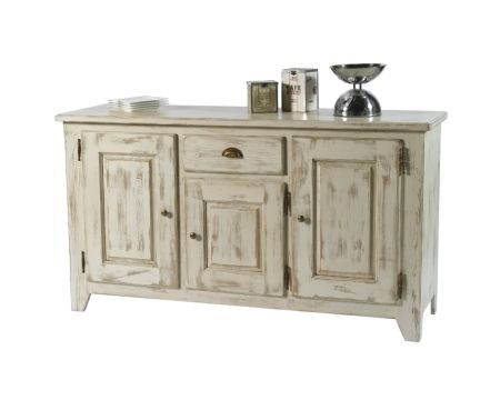 Bahut bas pin massif cérusé blanc 3 portes 1 tiroir Solea