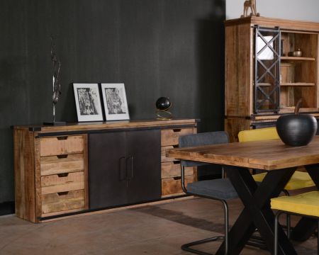 Buffet métal et bois 200cm portes coulissantes "Caractère"
