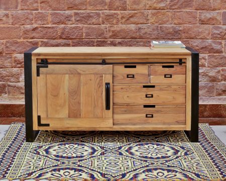 Buffet bas industriel en bois d’acacia naturel et métal "Montréal"