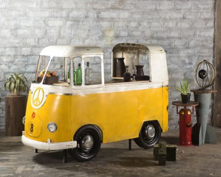 Meuble bar style combi métal jaune et blanc avec comptoir bois "Crazy"