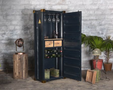 Meuble bar container esprit récup en métal bleu nuit et bois "Crazy" haut. 178cm