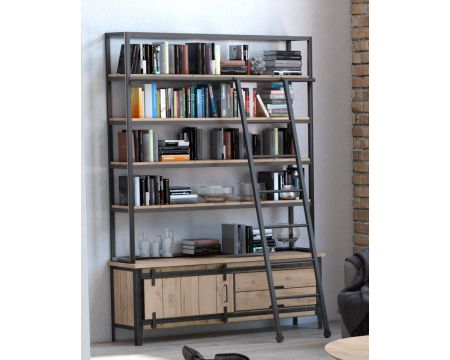 Bibliothèque indus' chic avec échelle en métal et chêne "Breeze"