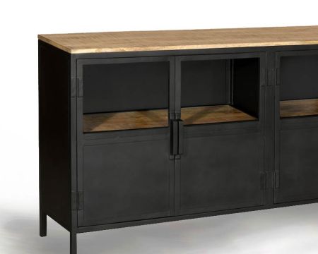 Buffet industriel vitré en métal et bois exotique 180 cm "Dowtoun"