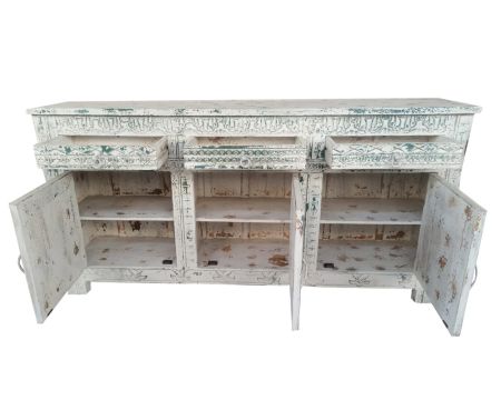 Buffet indien 3 portes 3 tiroirs en bois blanchi "Vieille Porte"