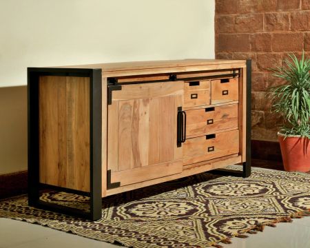 Buffet bas industriel en bois d’acacia naturel et métal "Montréal"