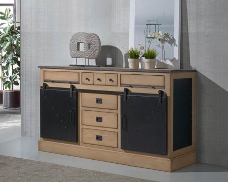 Buffet style industriel chêne massif et métal brossé "San Francisco"