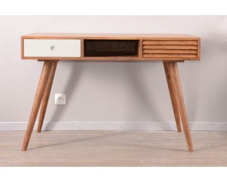 Bureau scandinave en palissandre "Vintage grey" tiroir blanc