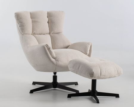 Fauteuil pivotant avec repose-pieds modulaire en tissu bouclette écru "Calista"