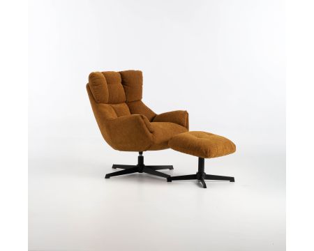Fauteuil pivotant design avec repose-pieds "Calista" en tissu chenillé moutarde