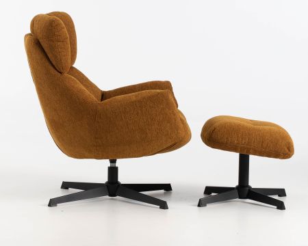 Fauteuil pivotant design avec repose-pieds "Calista" en tissu chenillé moutarde