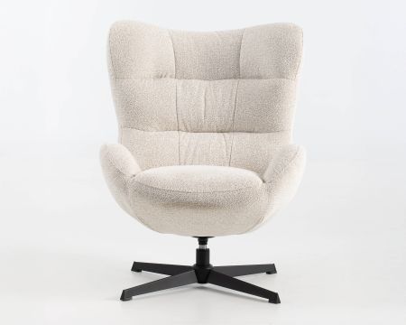 Fauteuil pivotant cocooning en tissu bouclette crème clair "Calista" forme enveloppante