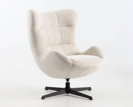 Fauteuil pivotant cocooning en tissu bouclette crème clair "Calista" forme enveloppante