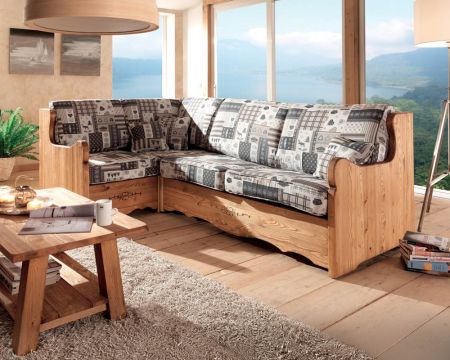 Grand salon d'angle style montagnard en pin et tissu au choix "Alaska"