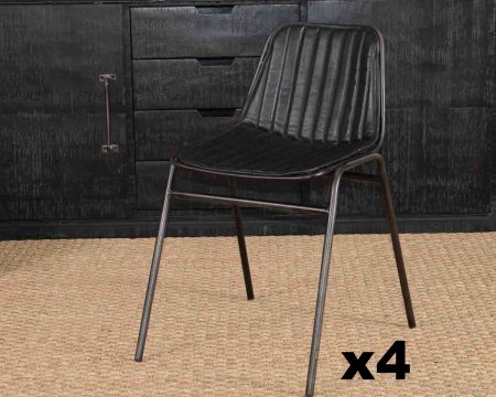 Lot de 4 chaises métal et cuir noir antique style industriel "Rétro"