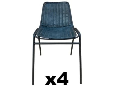 Lot de 4 chaises cuir bleu pétrole et pieds métal "Rétro" style vintage