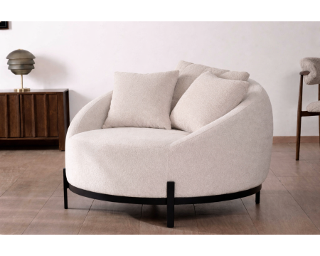 Chauffeuse ronde 120 cm en tissu blanc chiné et coussins velours côtelé "Sweet Culture"