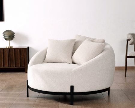 Chauffeuse ronde 120 cm en tissu blanc chiné et coussins velours côtelé "Sweet Culture"