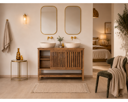 Meuble sous vasque 120 cm avec portes coulissantes "Bulle" en manguier teinte noyer