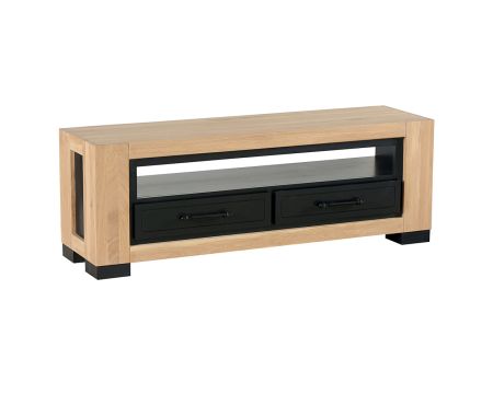 Meuble TV en chêne massif huilé et MDF laqué noir 140 cm "Cleveland"