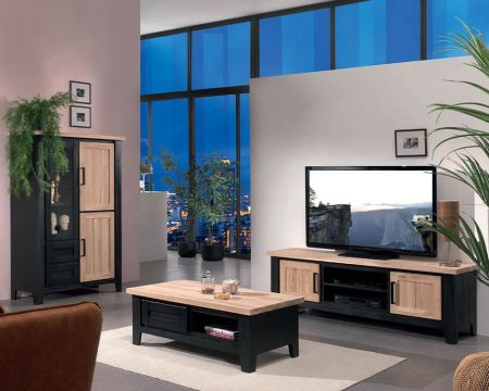 Meuble TV pin noir et chêne naturel style atelier « Ashland » 140 cm