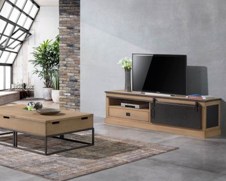 Grand meuble télé "San Francisco" métal et chêne style industriel