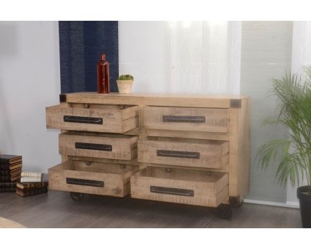 Commode 6 tiroirs sur roues bois massif et métal "Malmö"