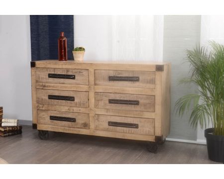 Commode 6 tiroirs sur roues bois massif et métal "Malmö"