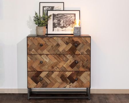Commode 3 tiroirs manguier naturel recyclé et métal gris "Kaloupilé"