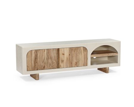 Meuble TV contemporain aspect béton sablé et acacia "Miona"