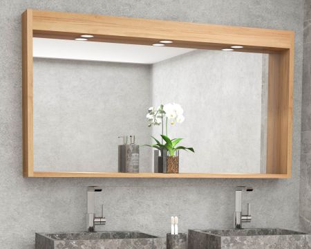 Miroir avec éclairage intégré 140 cm cadre en teck avec rebord