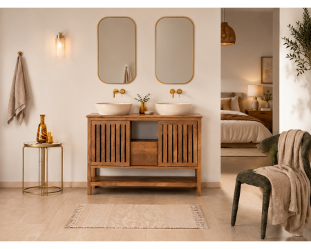 Meuble sous vasque 120 cm avec portes coulissantes "Bulle" en manguier teinte noyer