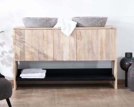Meuble sous vasque double en bois graphique naturel et noir "Nani" 140 cm