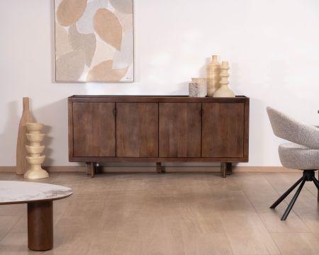 Enfilade esprit rétro chic 4 portes 180 cm en manguier massif teinte noyer "Odessa"