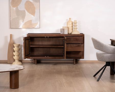 Bahut rétro en manguier massif avec tiroirs teinte noyer "Odessa" 150 cm