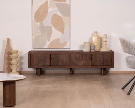 Meuble TV bas 4 portes 180 cm en manguier massif "Odessa" teinte noyer