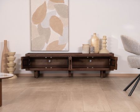 Meuble TV bas 4 portes 180 cm en manguier massif "Odessa" teinte noyer