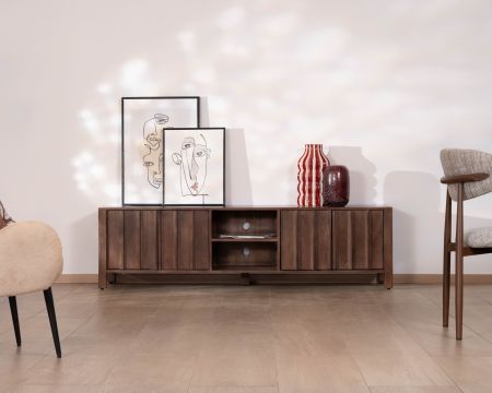 Meuble TV bas esprit zen en manguier massif teinte noyer 180 cm « Sicora »
