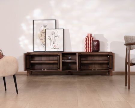 Meuble TV bas esprit zen en manguier massif teinte noyer 180 cm « Sicora »