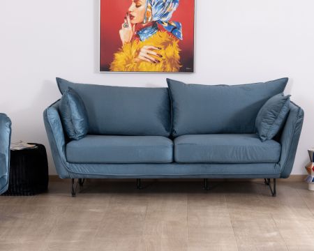 Canapé bleu 3 places bleu design vintage tissu et métal "Hasting"